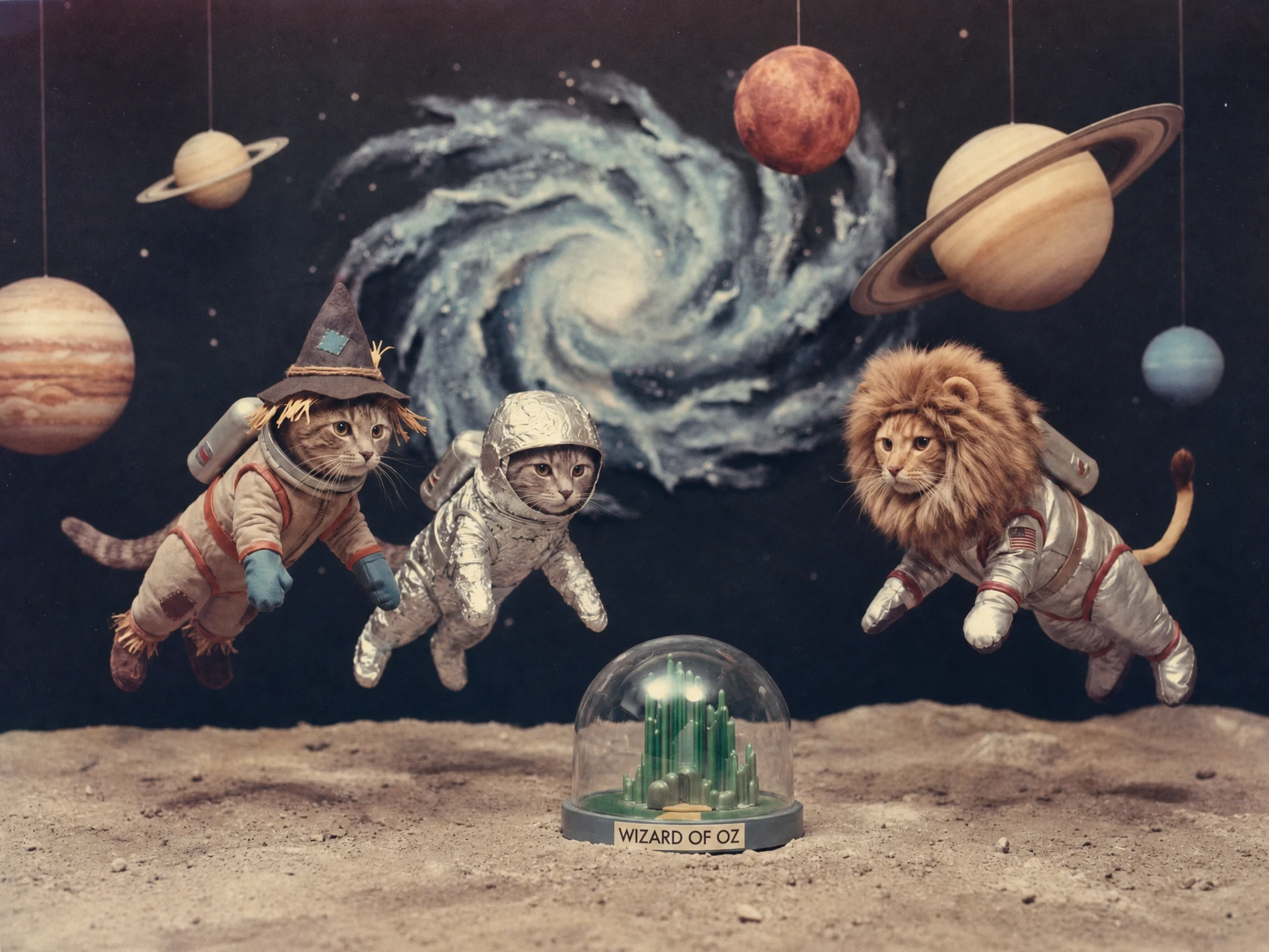 Vintage-Fotografie von Fantasie-Katzen, die im Weltraum schweben