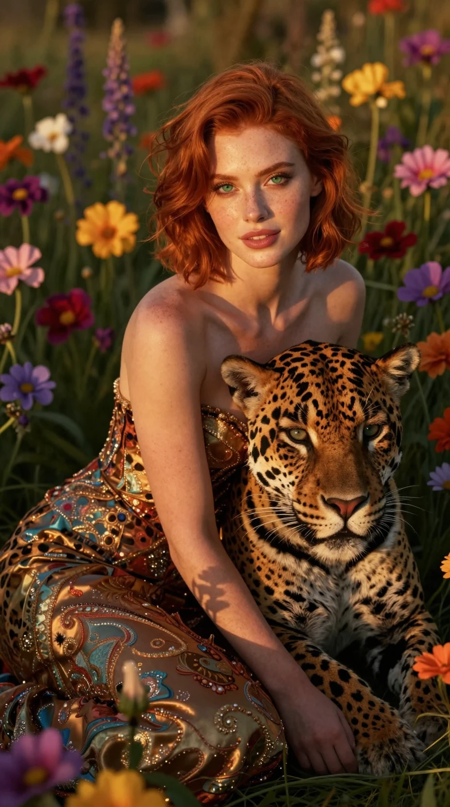 Mulher ruiva com jaguar em um campo de flores brilhante