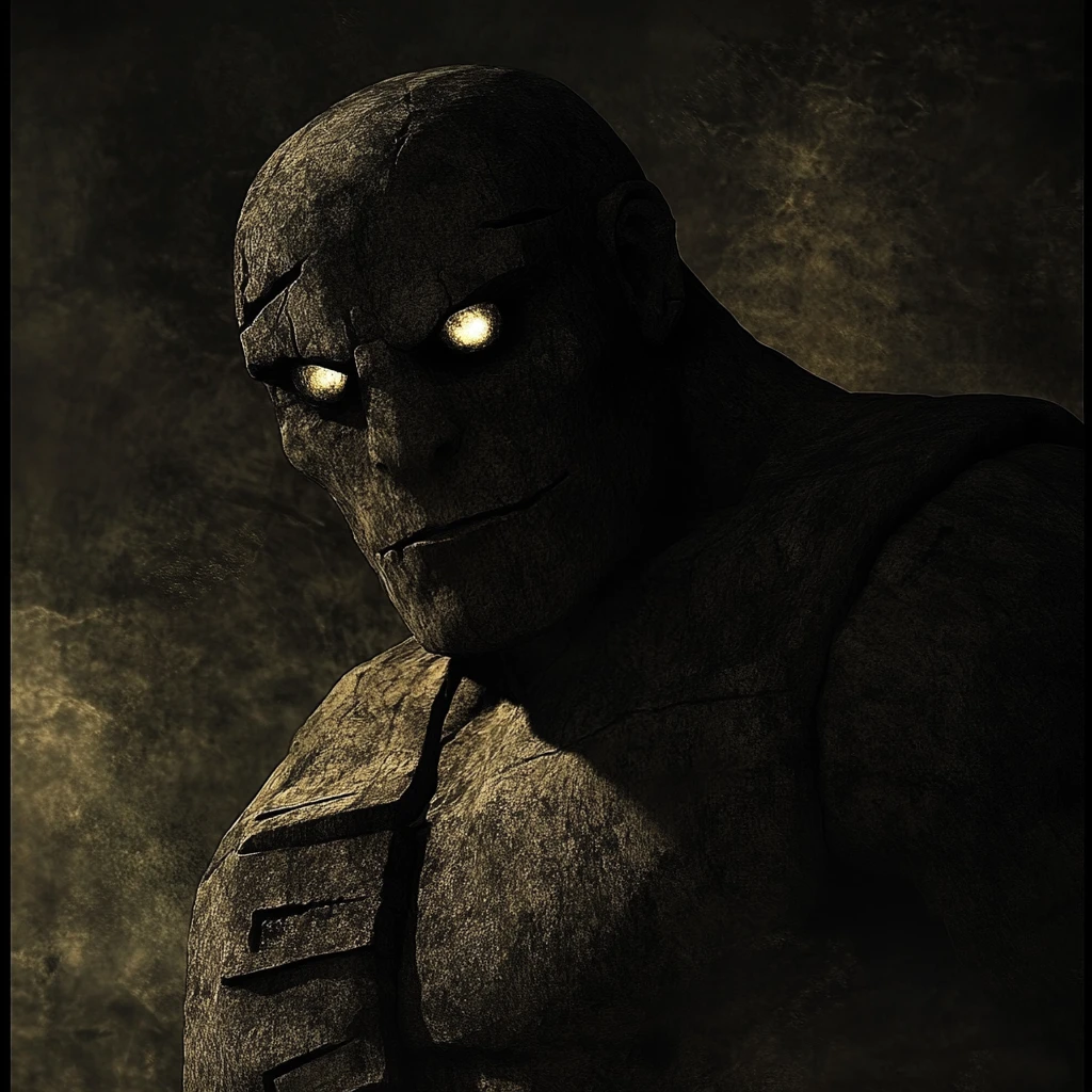 Figura de golem expressionista com olhos vazios e olhar apático
