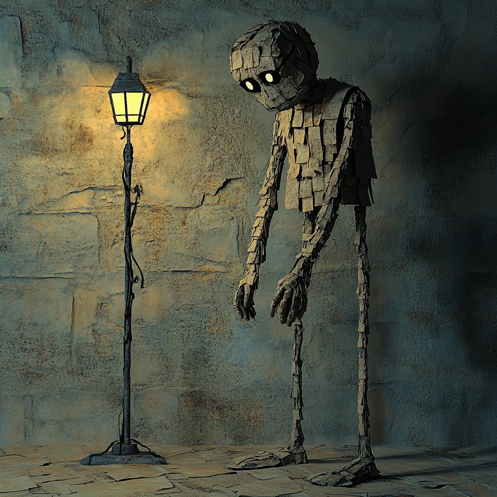 Golem de argila triste em uma rua surreal de cidade pós-apocalíptica
