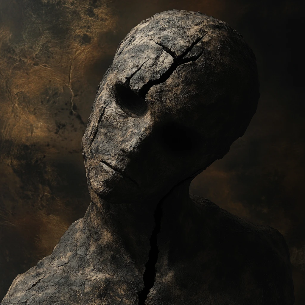 Golem expressionista sombrio com olhos vazios e olhar opaco