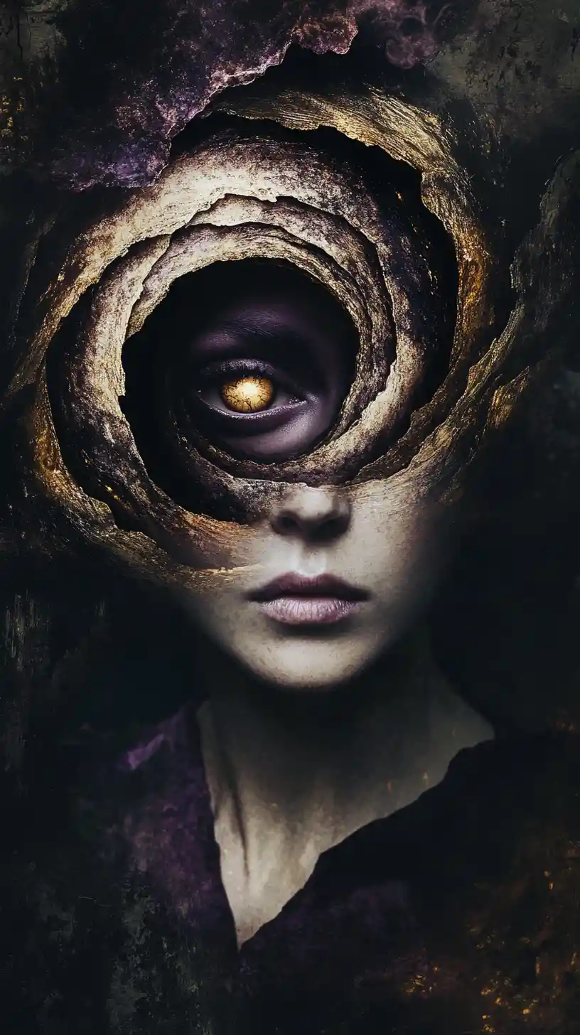 Surreal woman with spiral eye in dark baroque interior