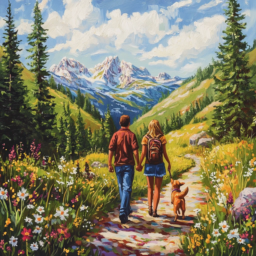 Casal caminhando por passagem na montanha com filhote brincalhão