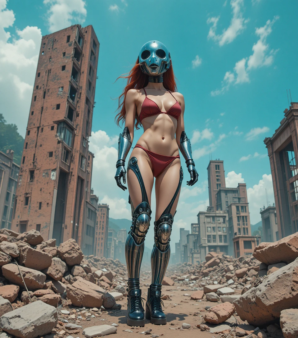 Cyberpunk-Frau in Rüstung sitzt in zerstörter Sci-Fi-Stadt
