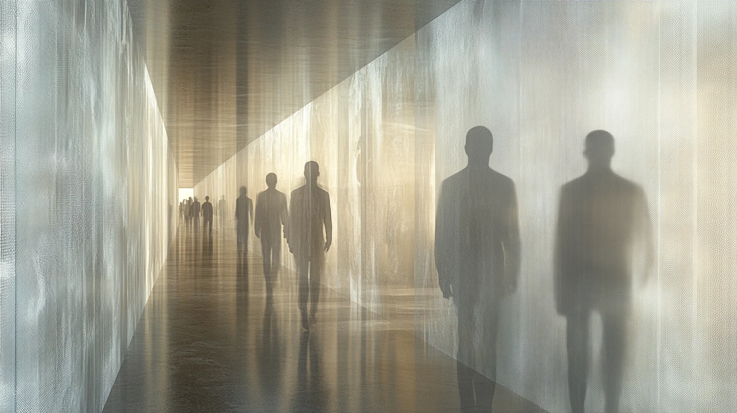 Couloir en couches avec silhouettes humaines fantomatiques en mouvement