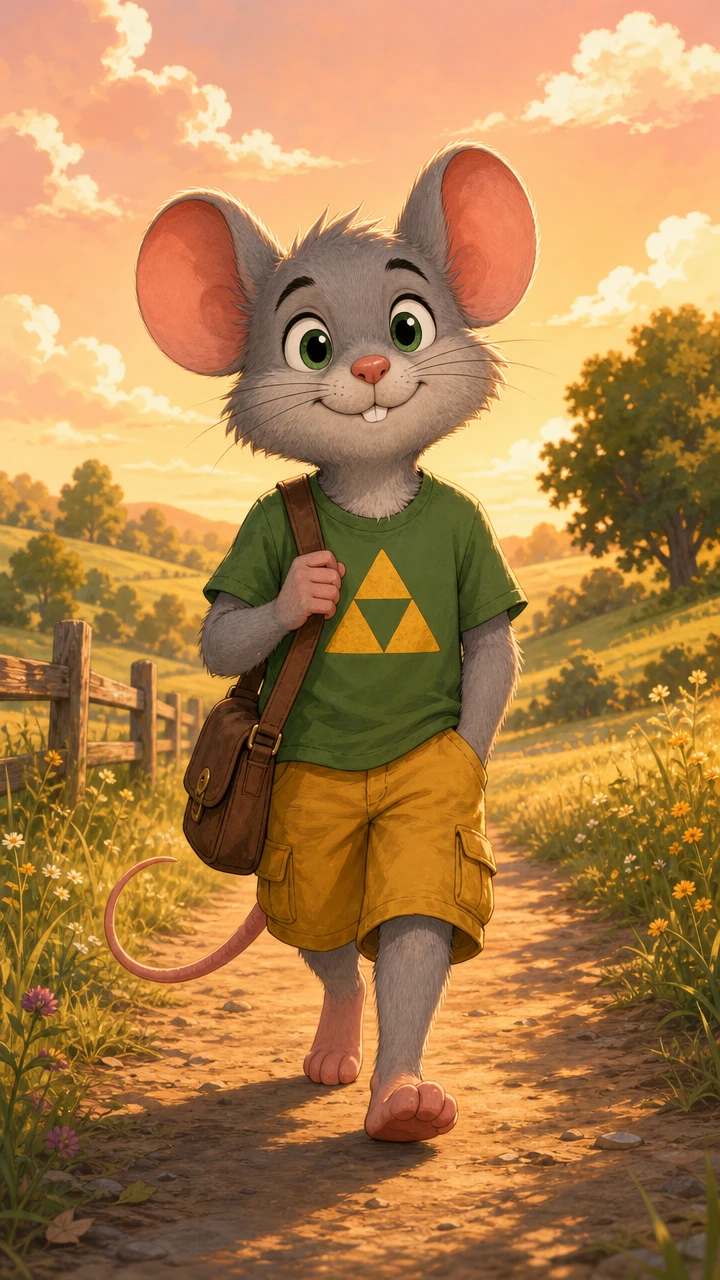 Rato de desenho animado fofo caminhando por uma trilha campestre ensolarada