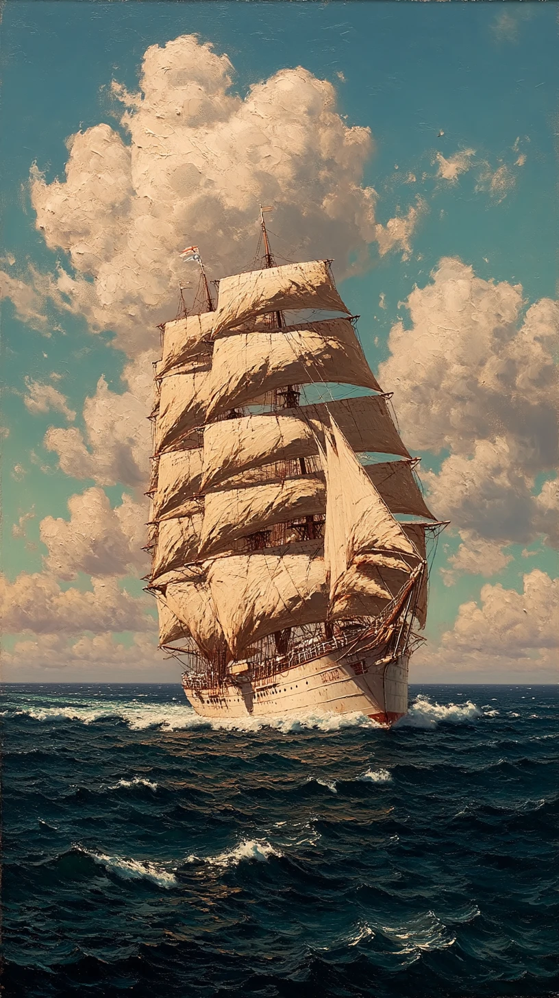 Alto veleiro cruzando mar turbulento sob céu dramático