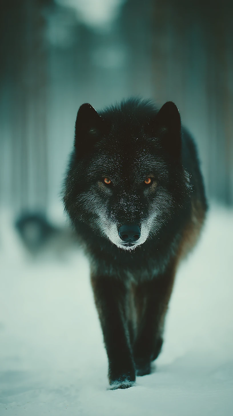 Lobo negro caminhando na neve em direção ao observador