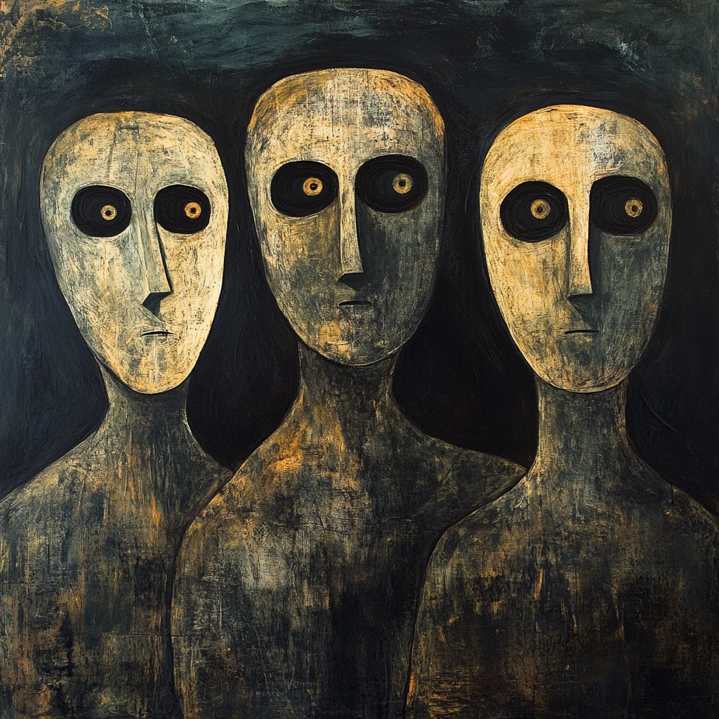Expressionistische Familie golemartiger Figuren mit leeren Augen