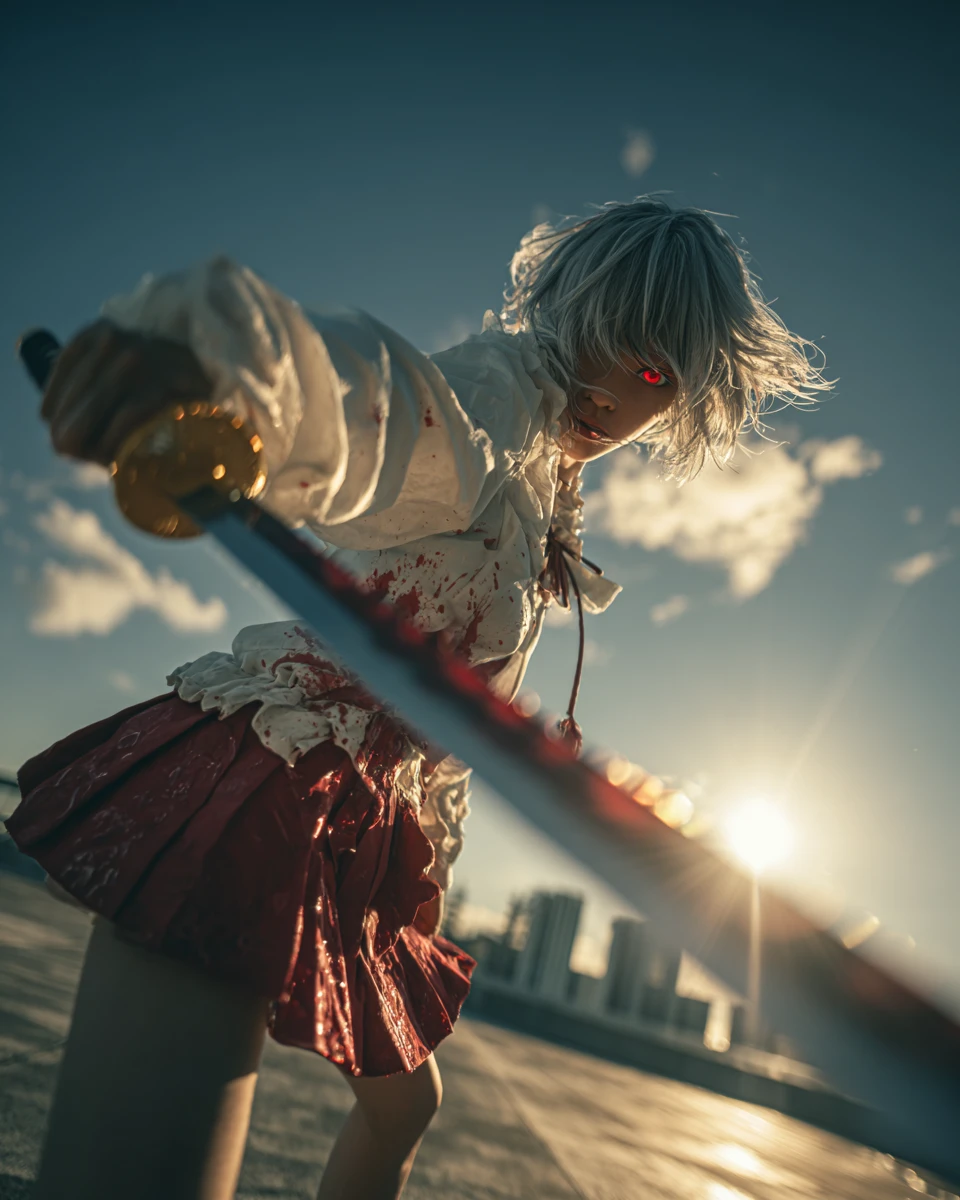 Fille d’anime avec katana sur un toit au coucher de soleil dramatique