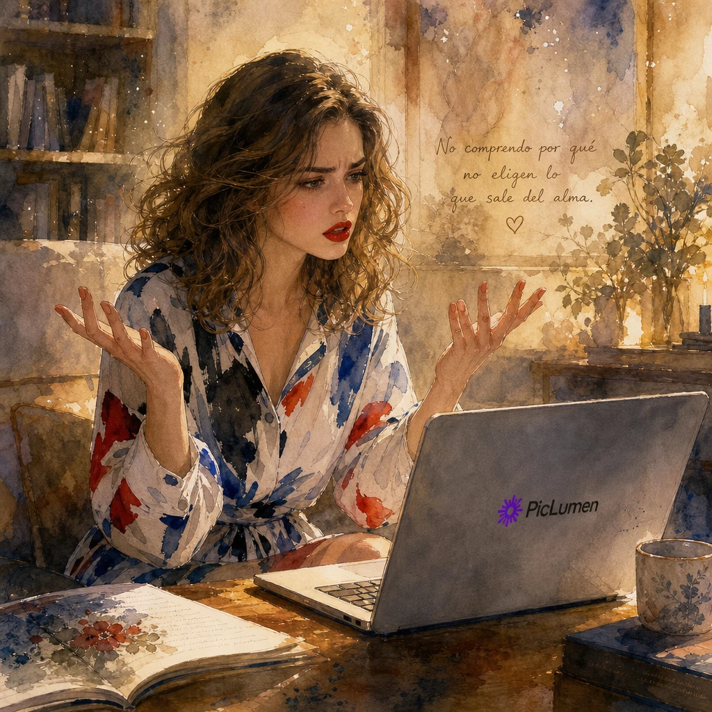 Frustrierte Frau an ihrem Laptop in Aquarellillustration