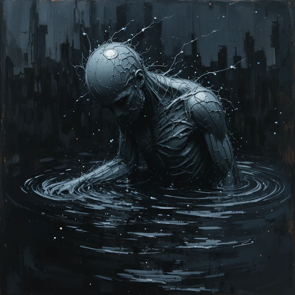 Silhouette humanoïde tordue sombrant dans une eau noire et sombre