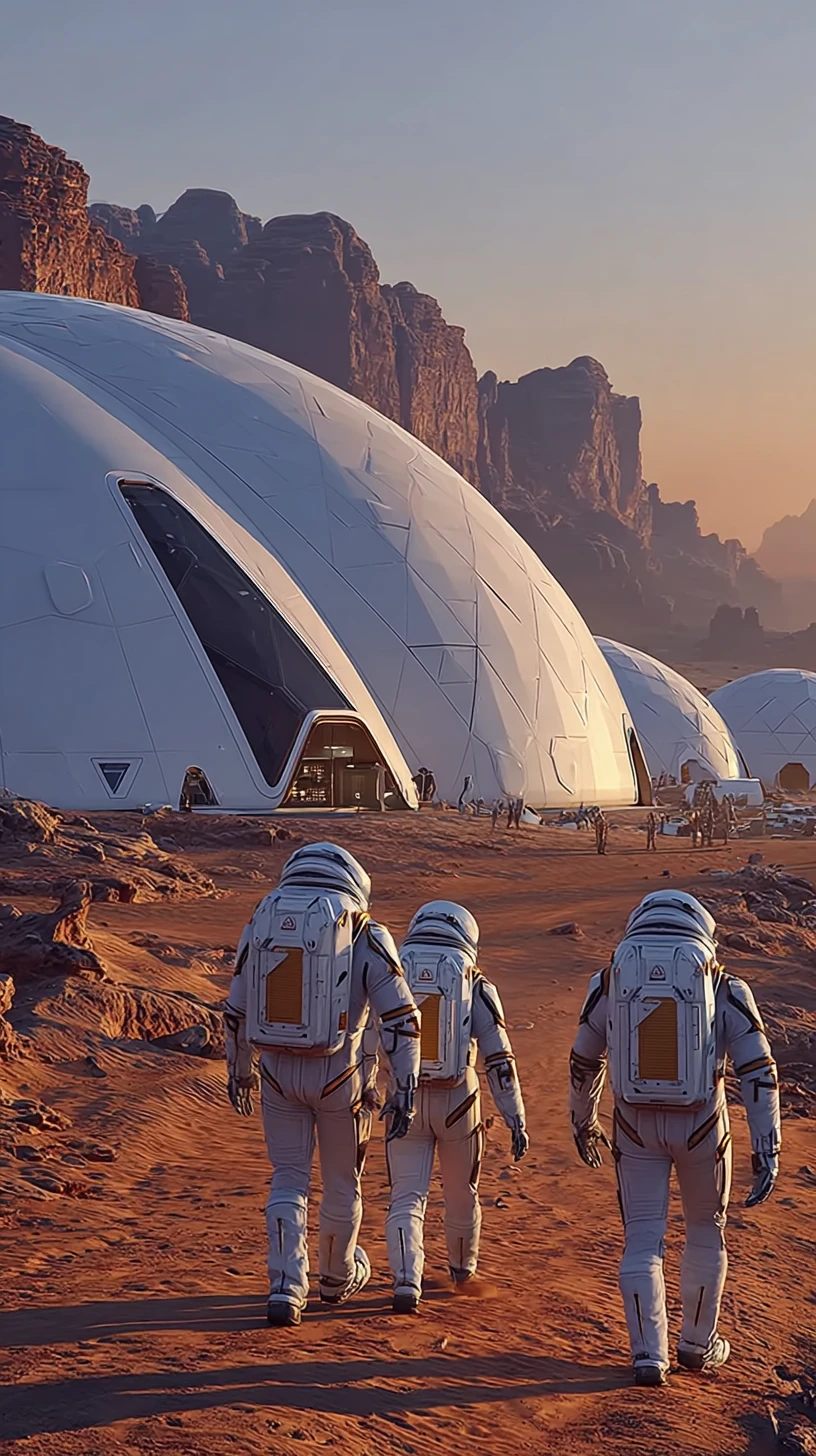 Astronauti si avvicinano a una base futuristica su Marte all'alba