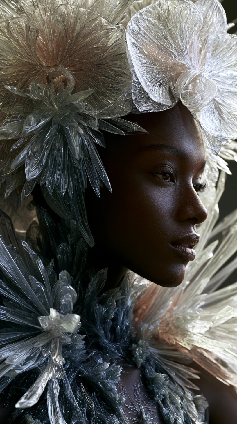 Selbstbewusstes Ebony-Model in futuristischer kristalliner Couture