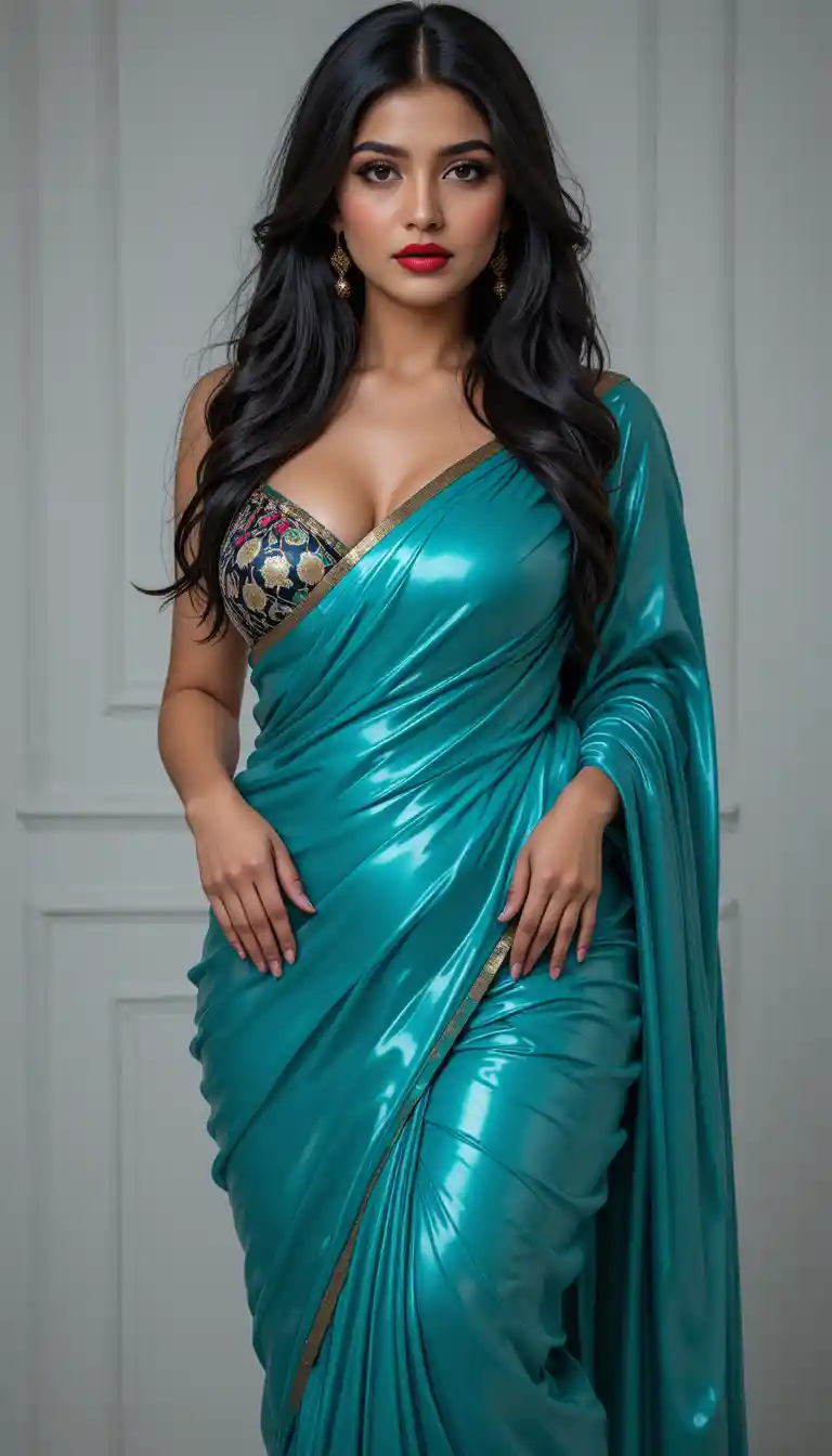 Pakistanische Frau im Latex-Sari posiert im Studio