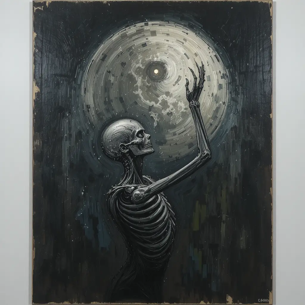 Twisted skeletal figure reaching toward a warped moon