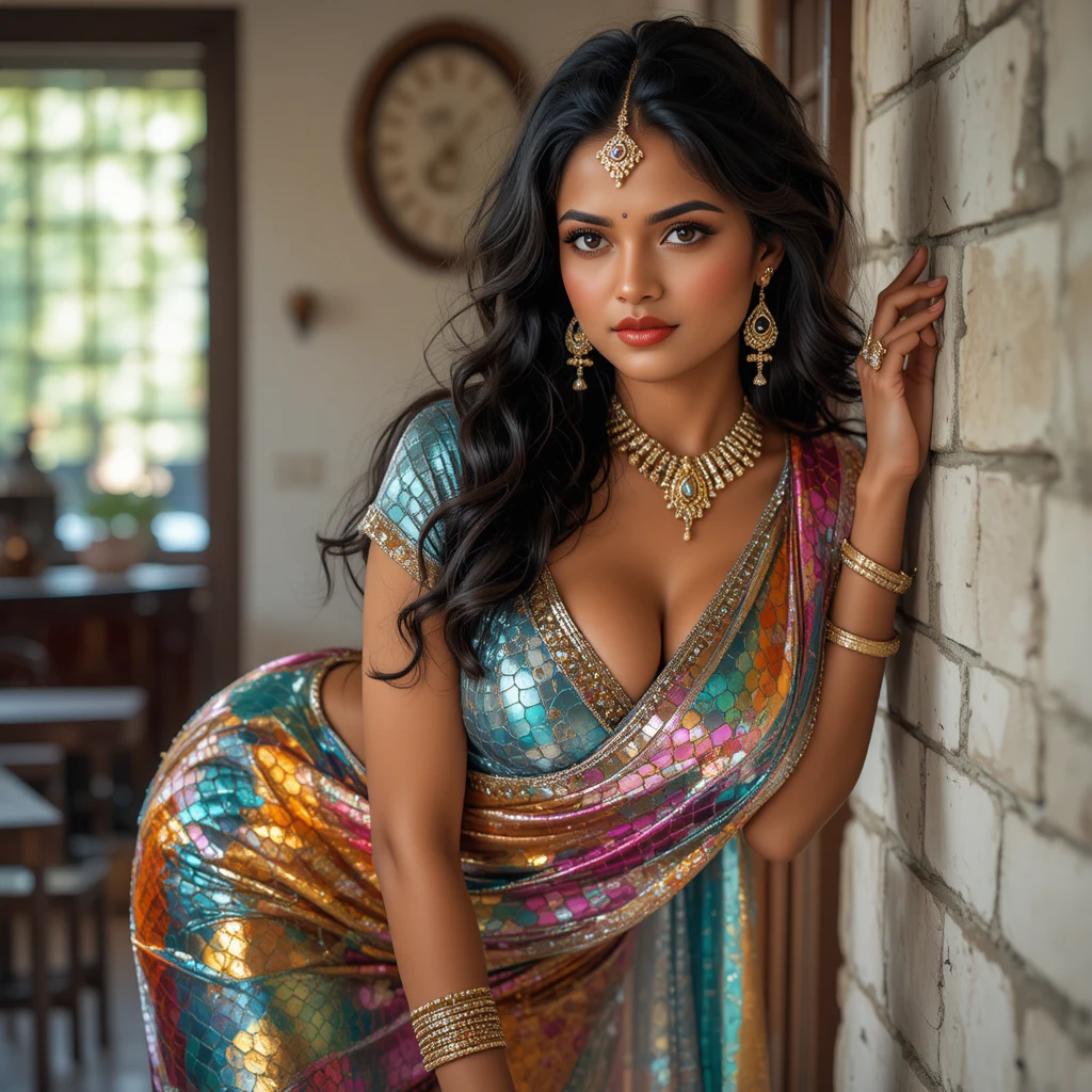 Indische Frau im glänzenden Sari, die sich in einem traditionellen Raum beugt