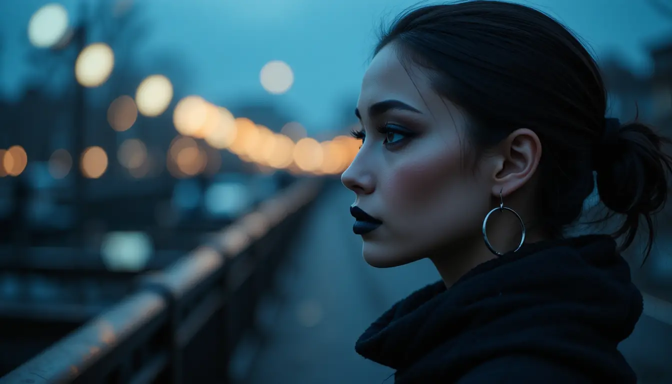 Woman with dark makeup in profile against city night lights