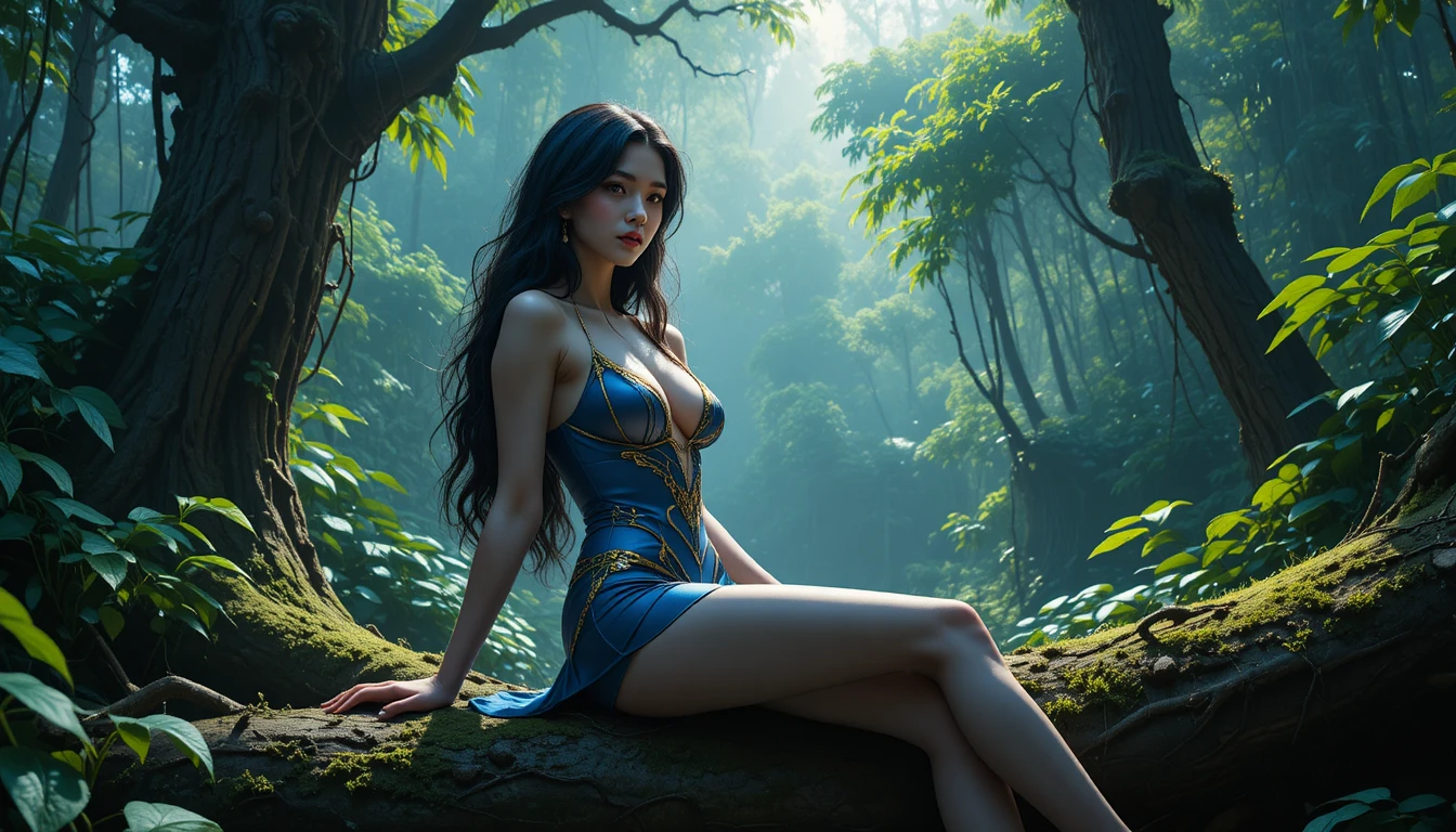 Jovem mulher sensual em tronco coberto de musgo numa floresta enevoada