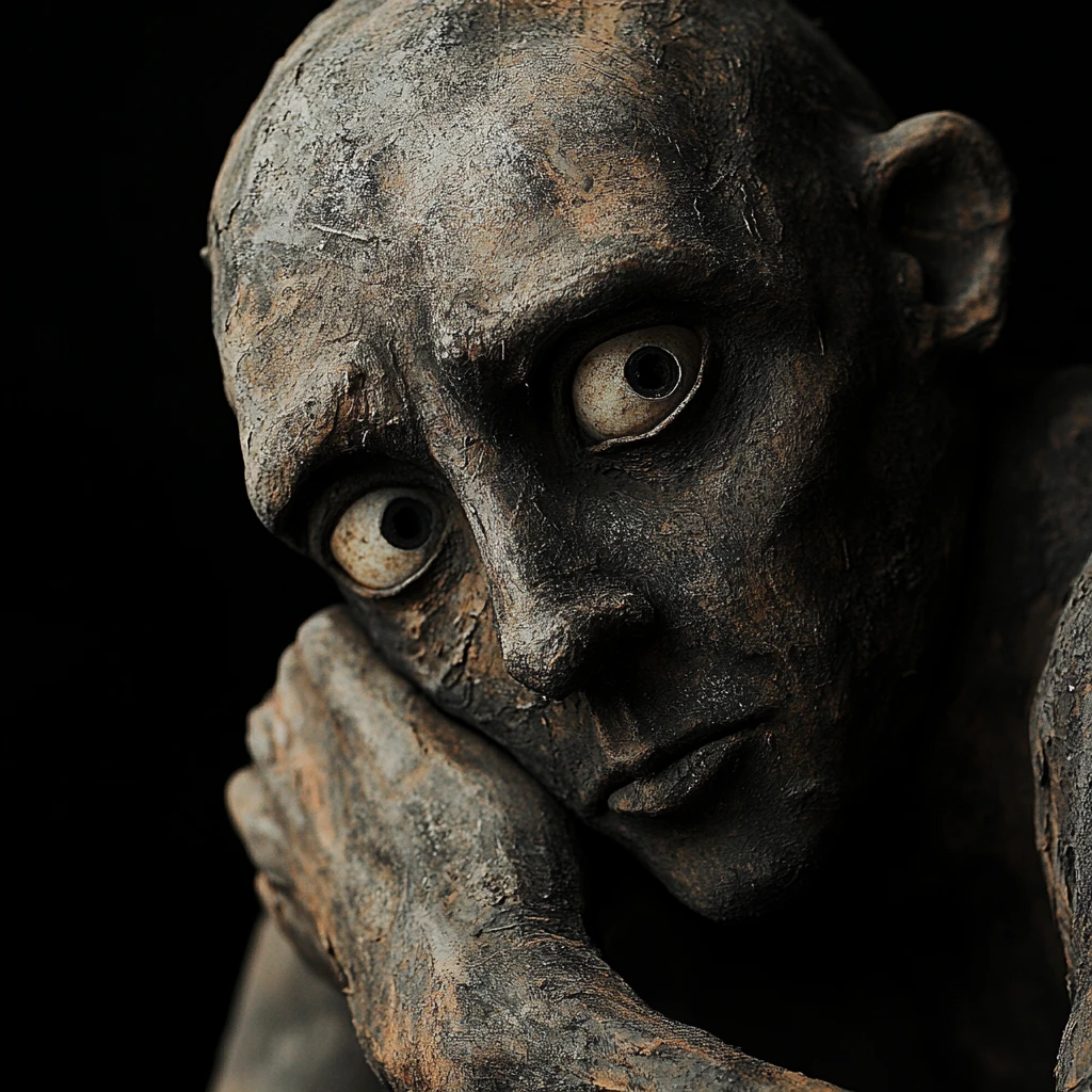 Golem clássico com olhos vazios em estilo expressionista sombrio