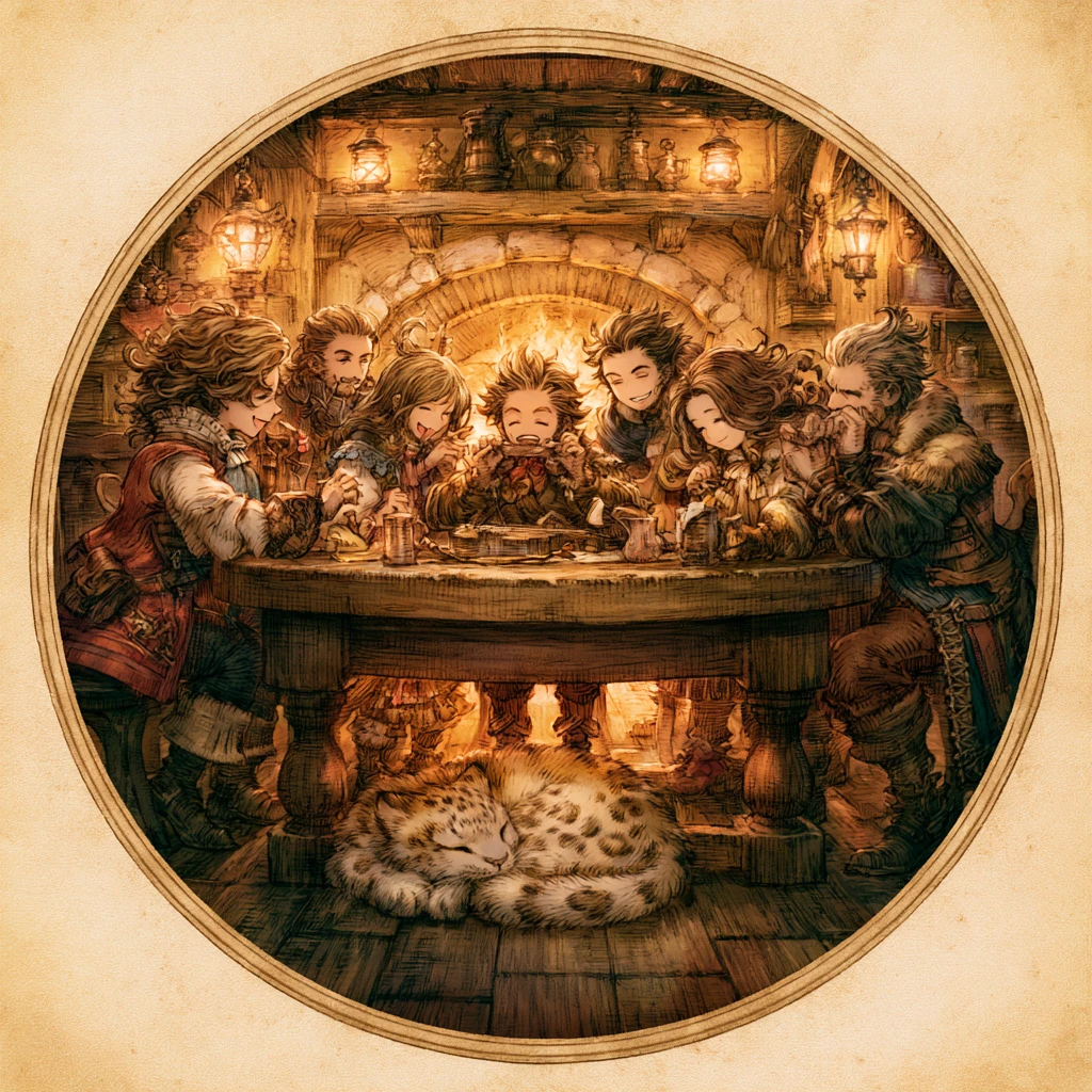 Aventuriers se détendant avec un léopard des neiges dans une taverne cosy