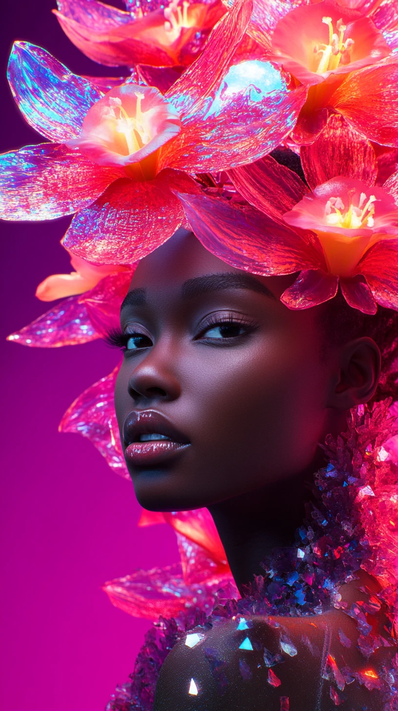Modelo ebony confiante em alta-costura cristalina avant-garde
