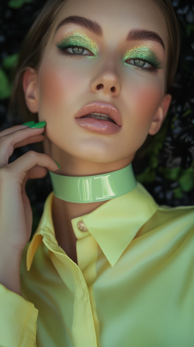 Woman in green styling with floral dark background portrait