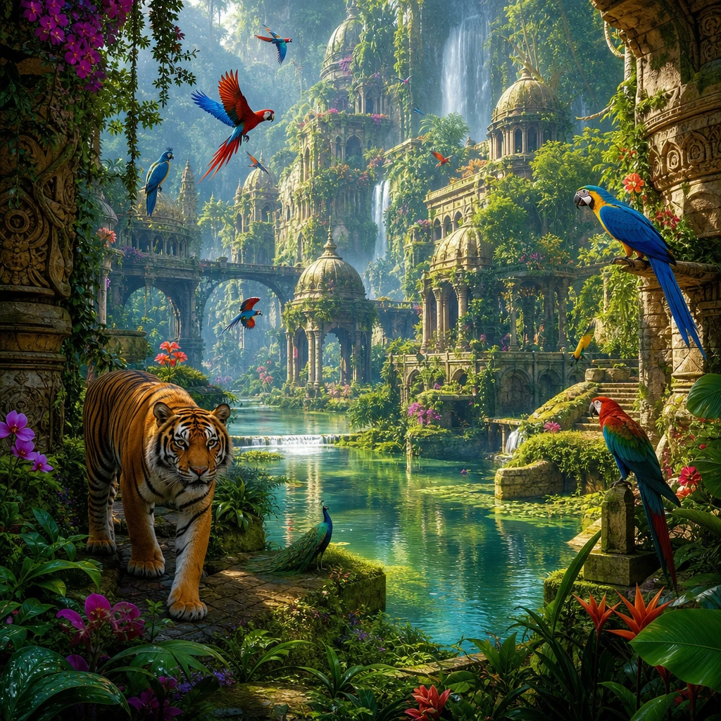 Tigre majestueux parcourant une ancienne métropole envahie par la végétation
