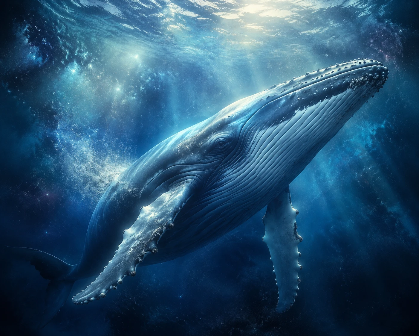 Baleia-jubarte deslizando pelo oceano profundo em luz suave