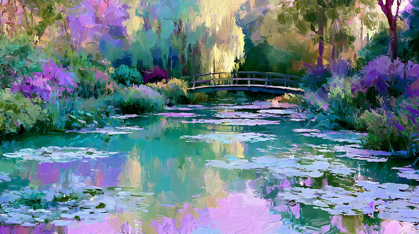 Étang de jardin impressionniste avec pont sous la lumière dorée du soir