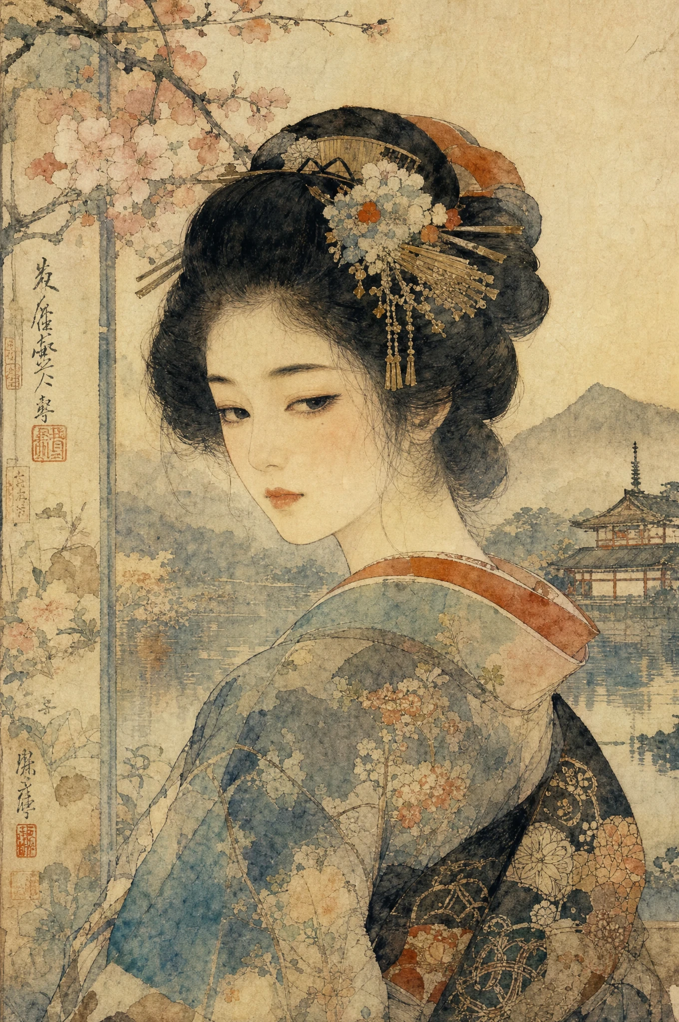 Mulher japonesa antiga em suave estilo de xilogravura em aquarela