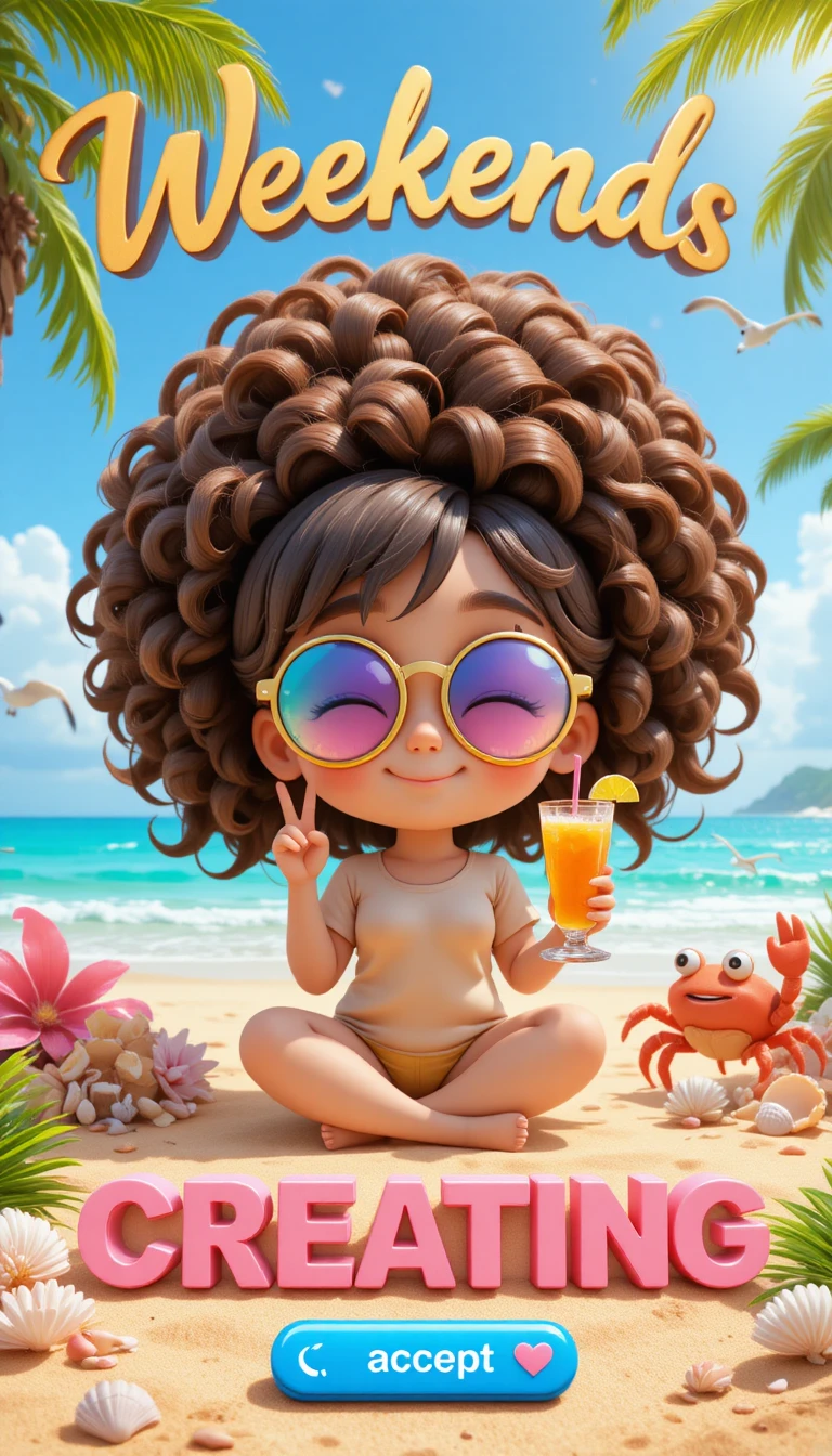 Garota chibi relaxando em uma praia tropical ensolarada no fim de semana