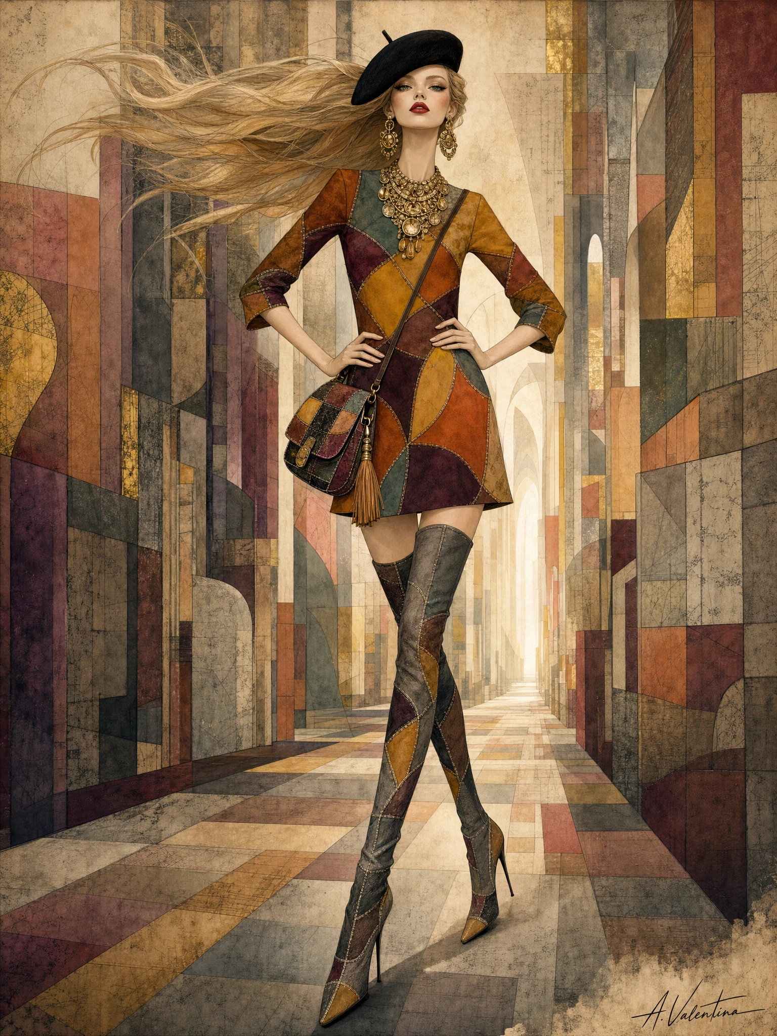 Femme de mode surréaliste dans un couloir art déco – illustration