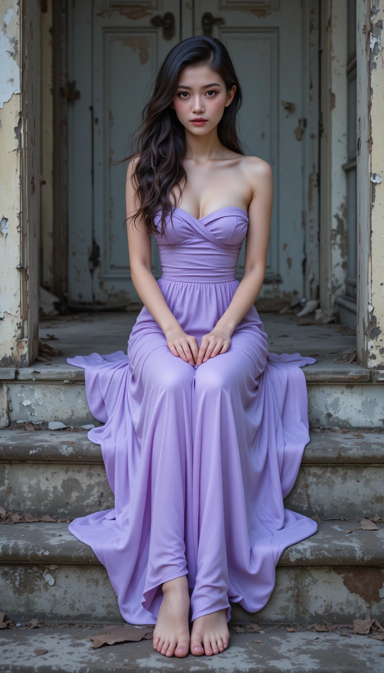 Joven con vestido lavanda en las escaleras de una casa abandonada