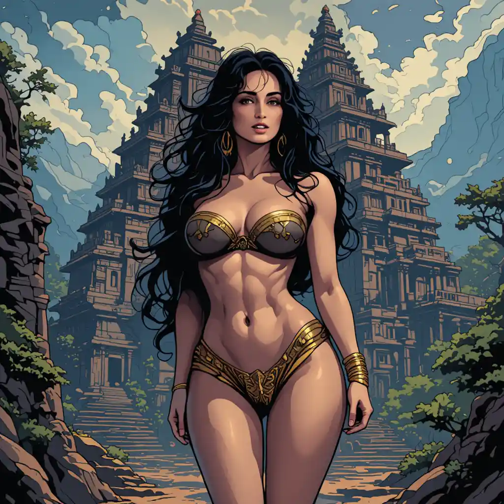 Amazon woman posing in lingerie at ancient Mayan temple
