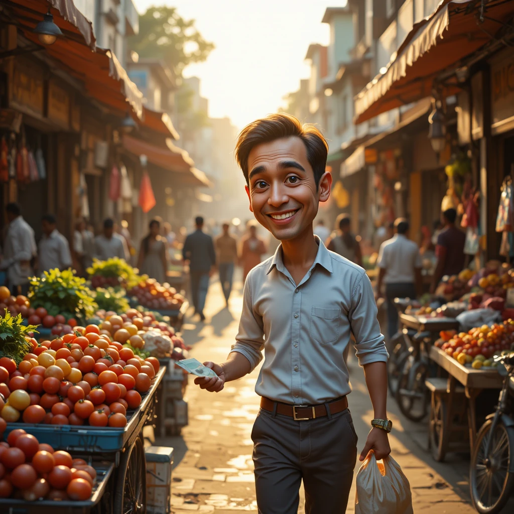 Man shopping at an Indian street vegetable market at sunset
