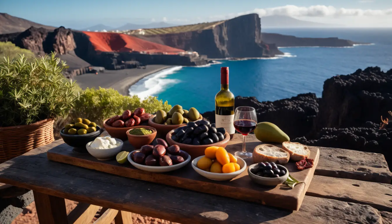 Festin canarien sur table rustique avec vin et vue volcanique