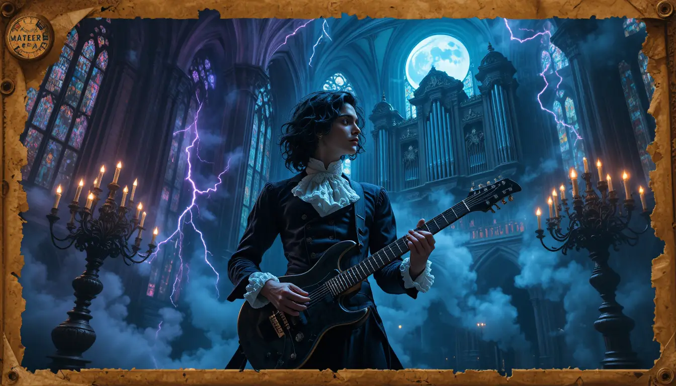 Noble con guitarra eléctrica en catedral gótica iluminada por la tormenta