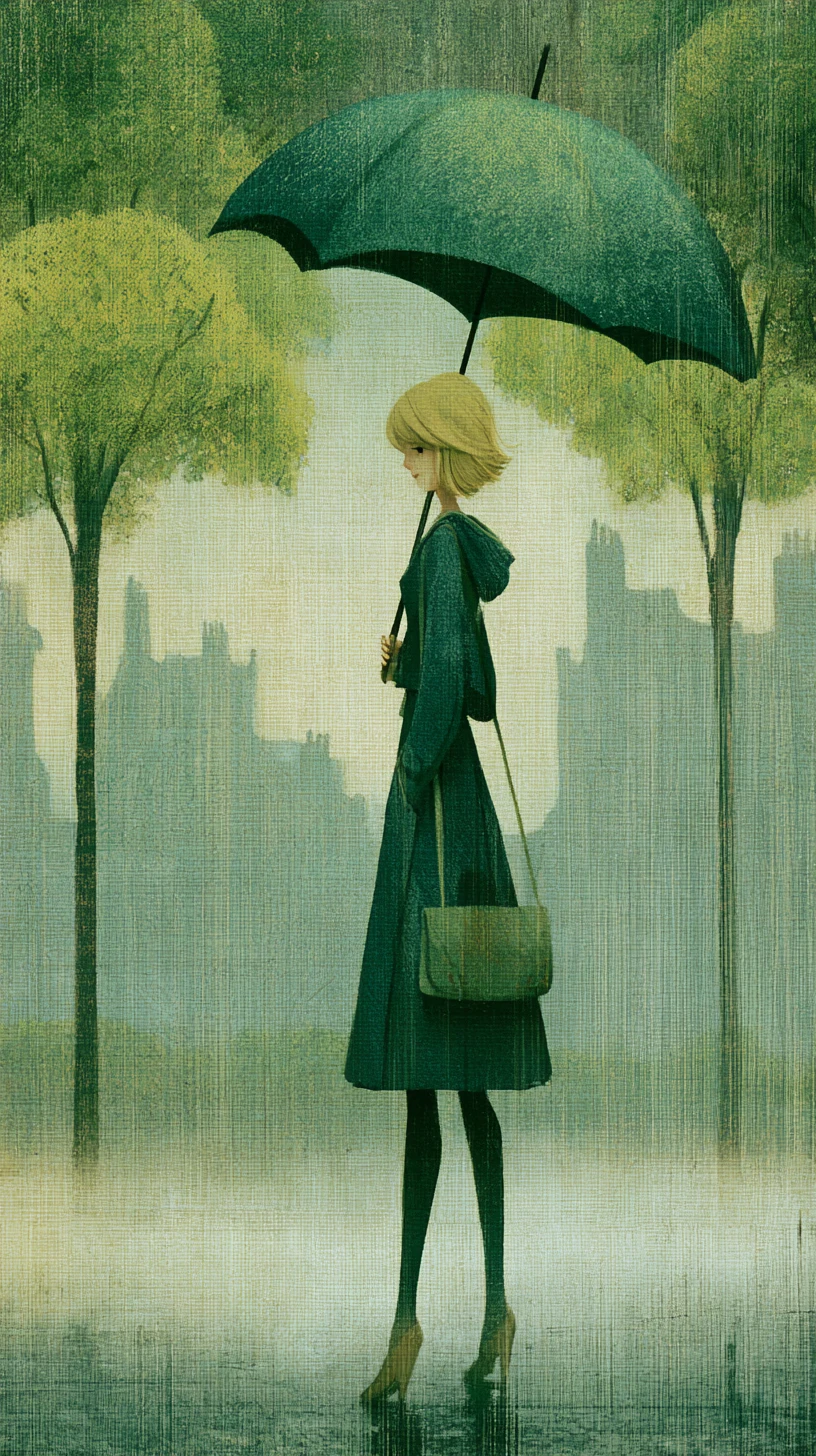 Mulher loira de capa de chuva caminhando por uma rua chuvosa da cidade
