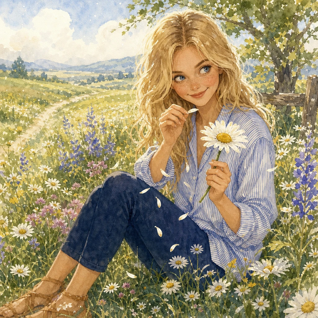 Blondes Mädchen pflückt ein Gänseblümchen in einem verträumten Aquarellfeld