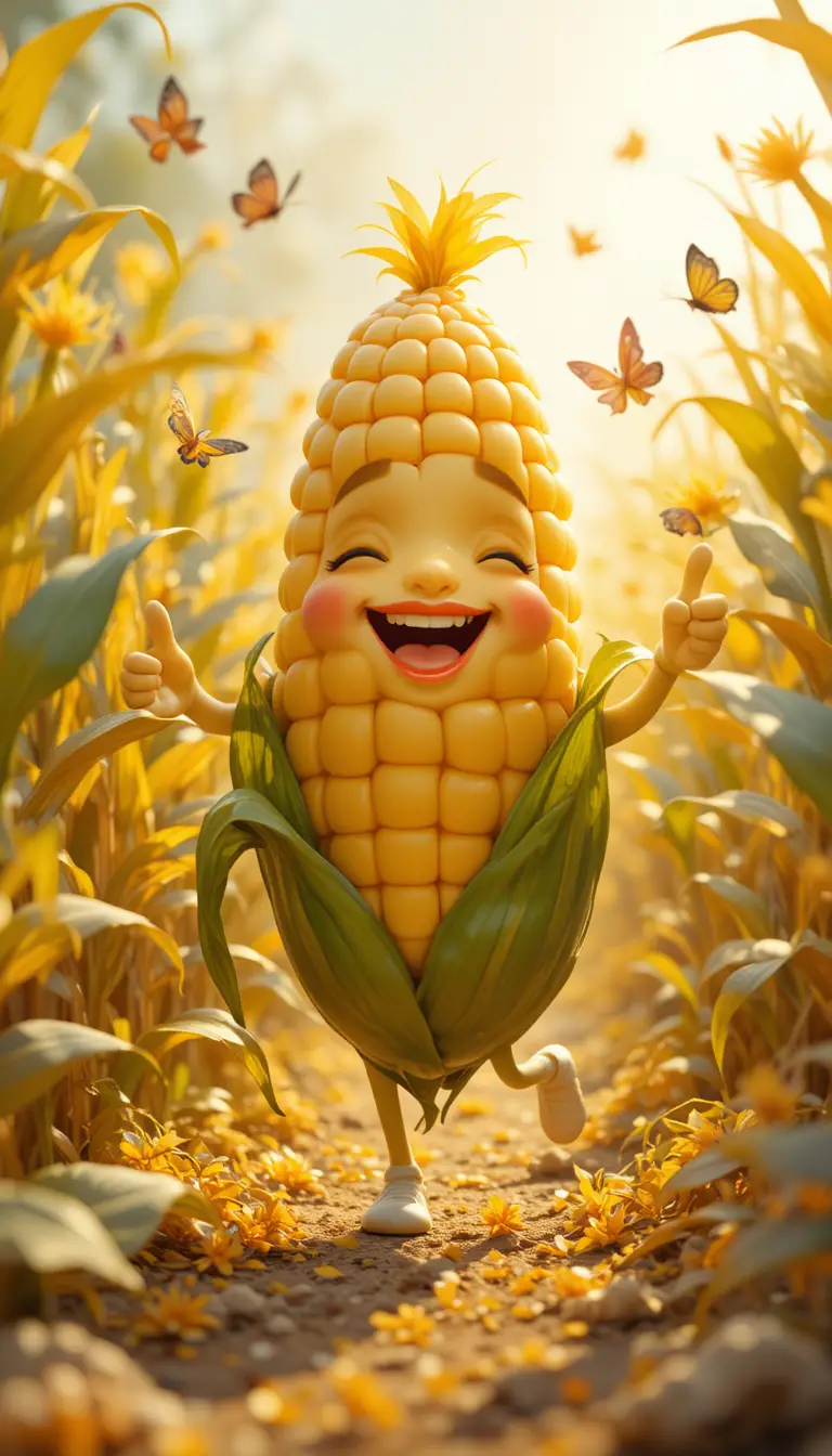 Adorable mascotte de maïs jouant dans un champ de maïs doré ensoleillé