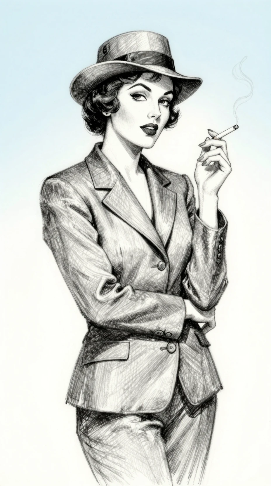 Mulher confiante de terno marrom com cigarro e chapéu