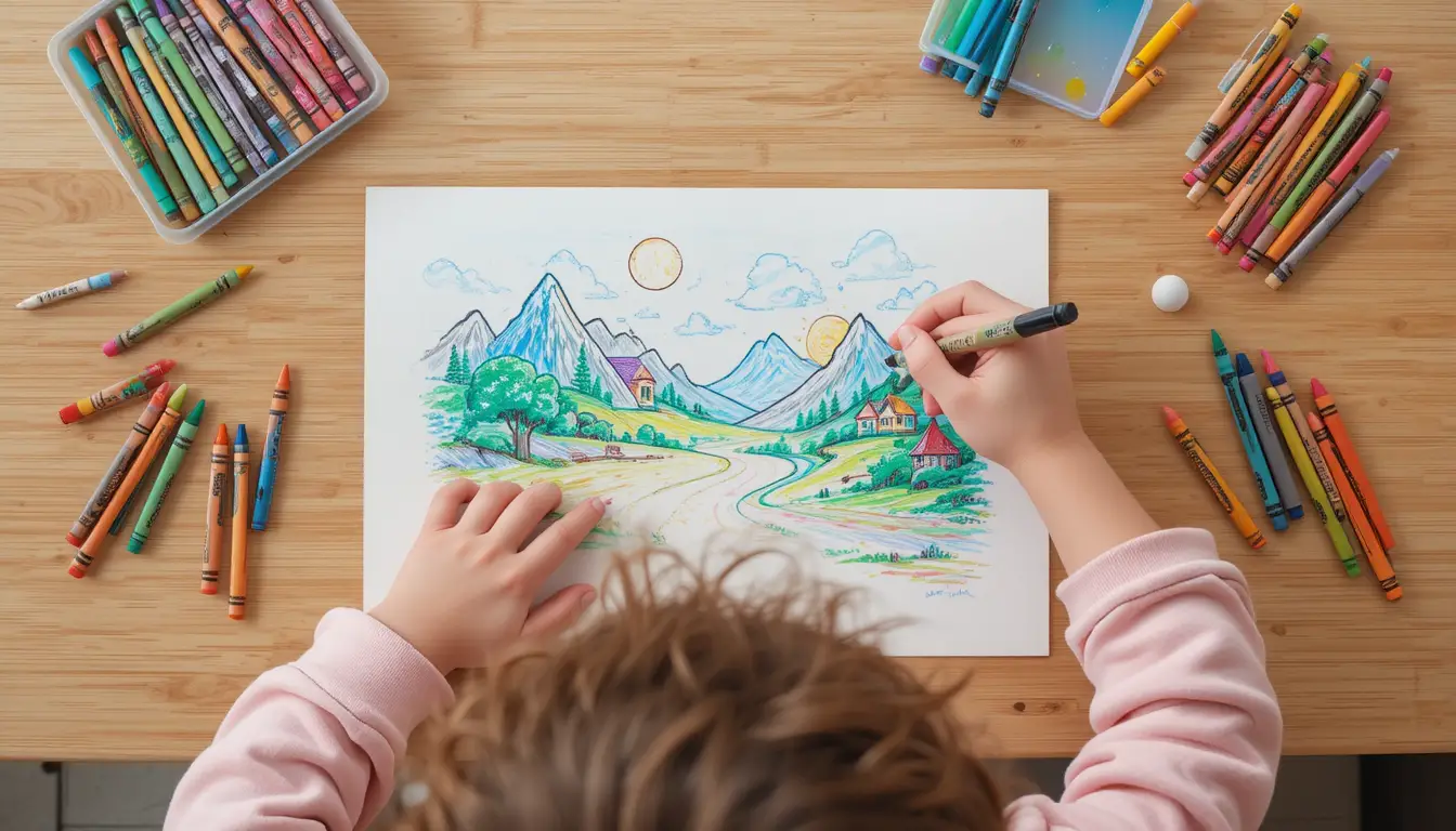 俯視一位年幼孩童正在為簡單風景著色