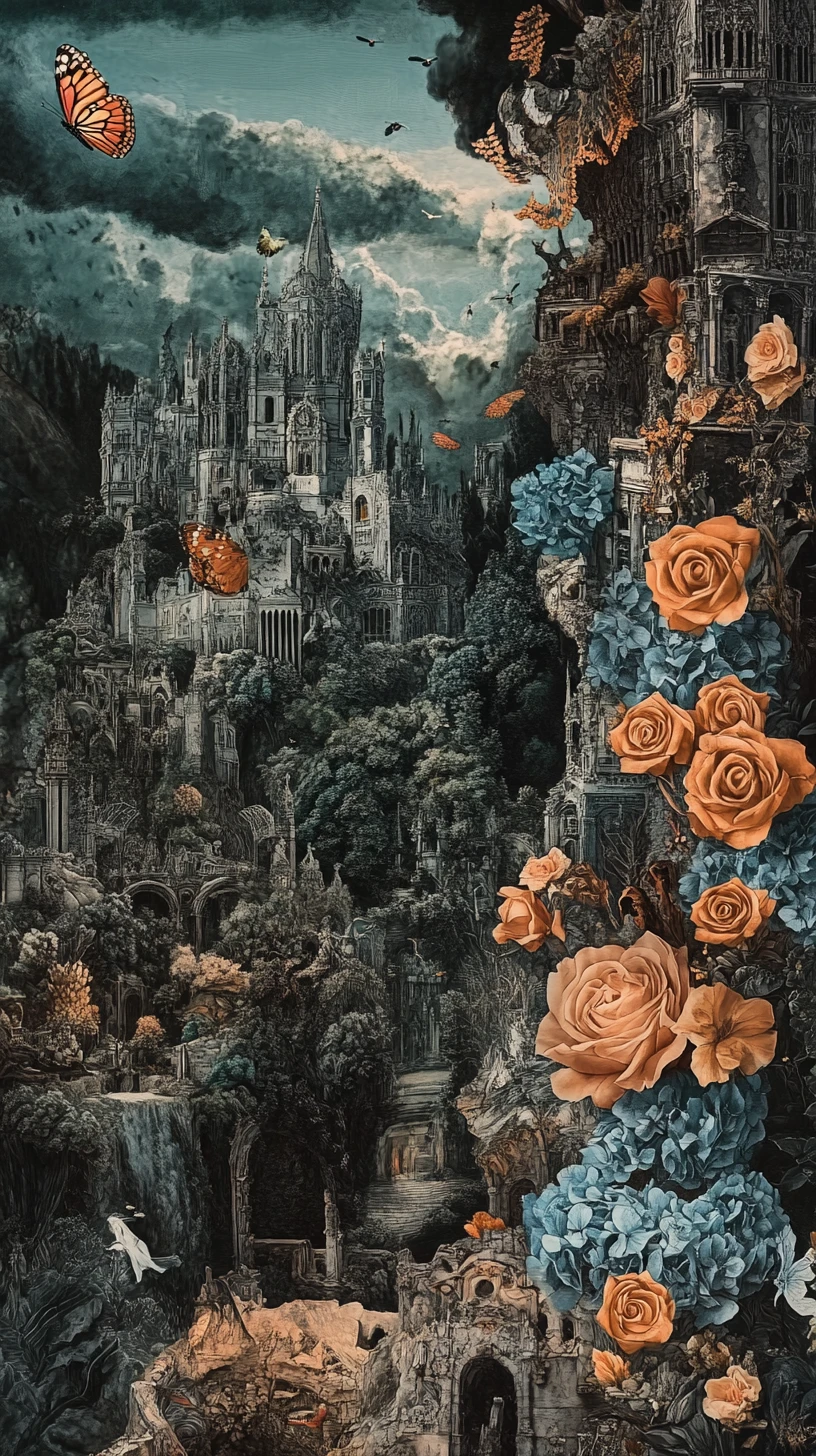 Cidade de fantasia sombria e rosas em arte vertical dramática