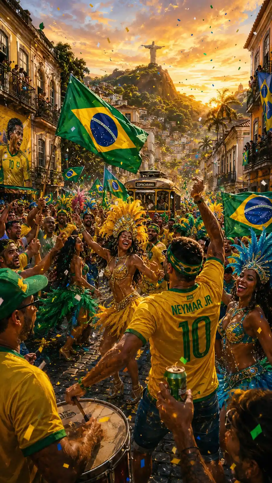 Brazilian fans celebrating on a lively Rio street