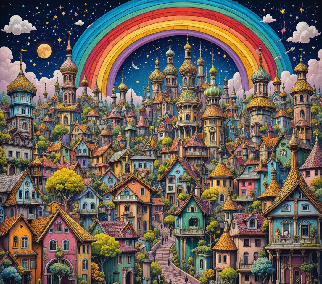 Surreale Regenbogen-Stadtsilhouette mit verdrehten Türmen und Dachbäumen