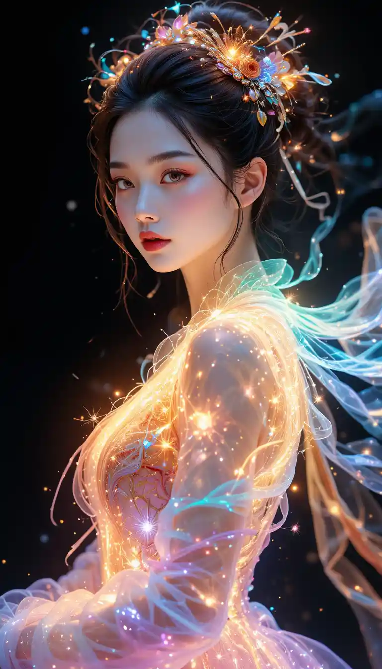 Donna dell'Asia orientale in couture di energia arcobaleno su sfondo nero