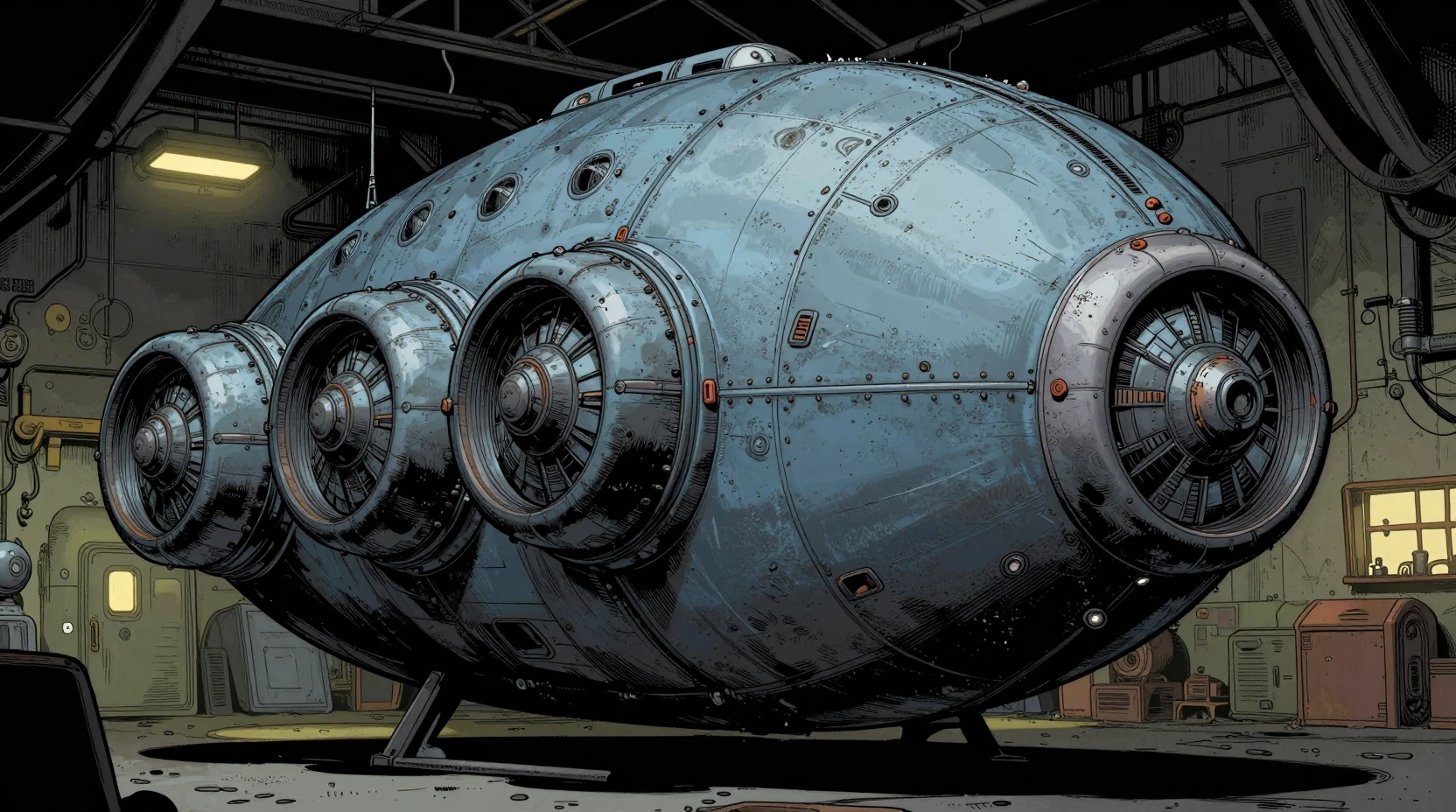 Nave espacial sci‑fi vintage en un hangar industrial tenue