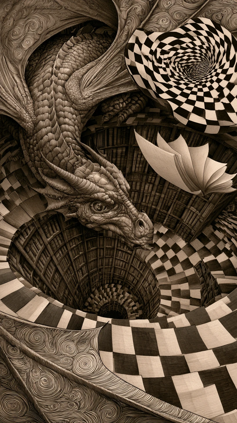 Dragón antiguo enroscado en una biblioteca infinita y en espiral