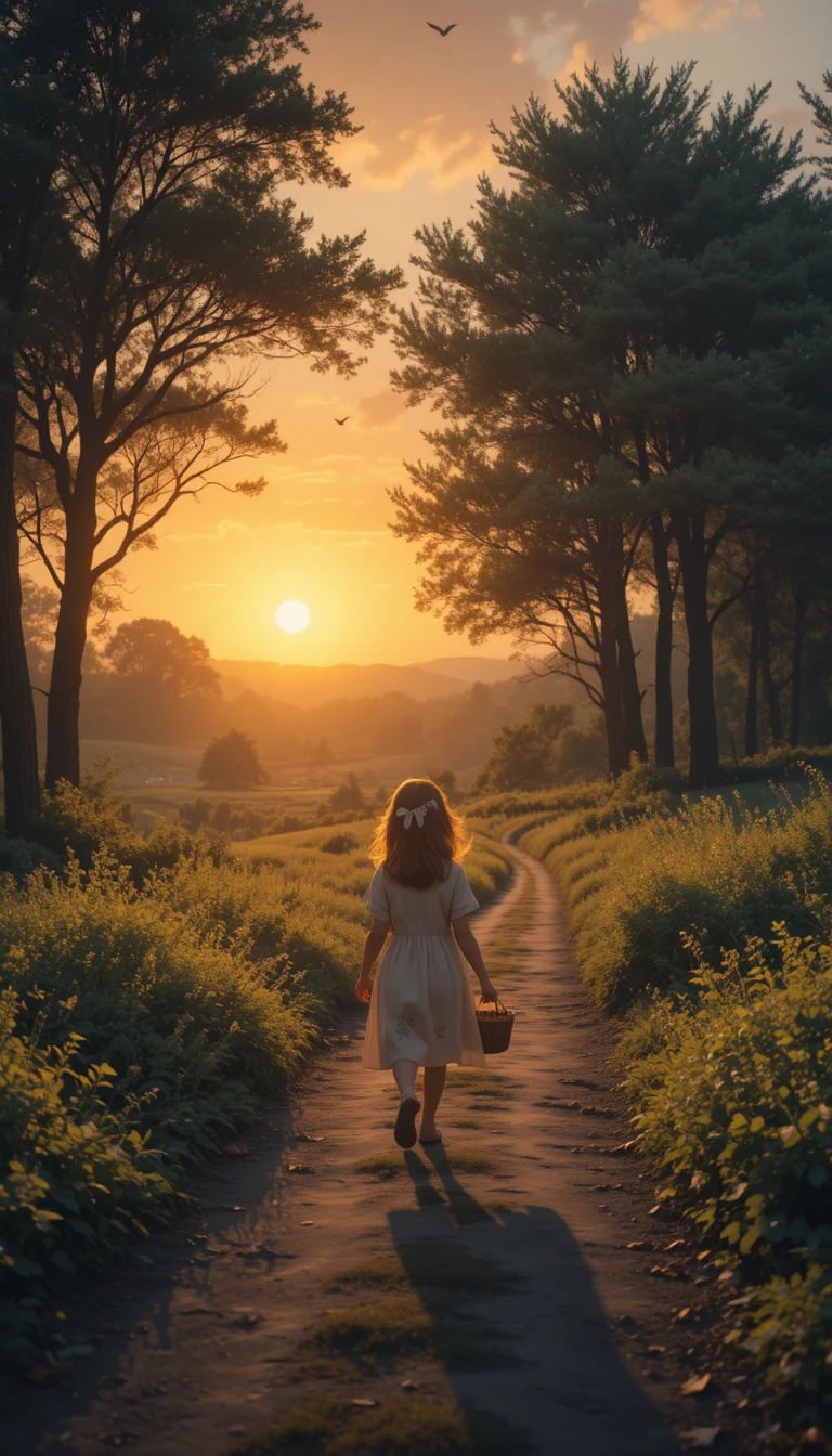 Niña caminando por un sendero del bosque al atardecer